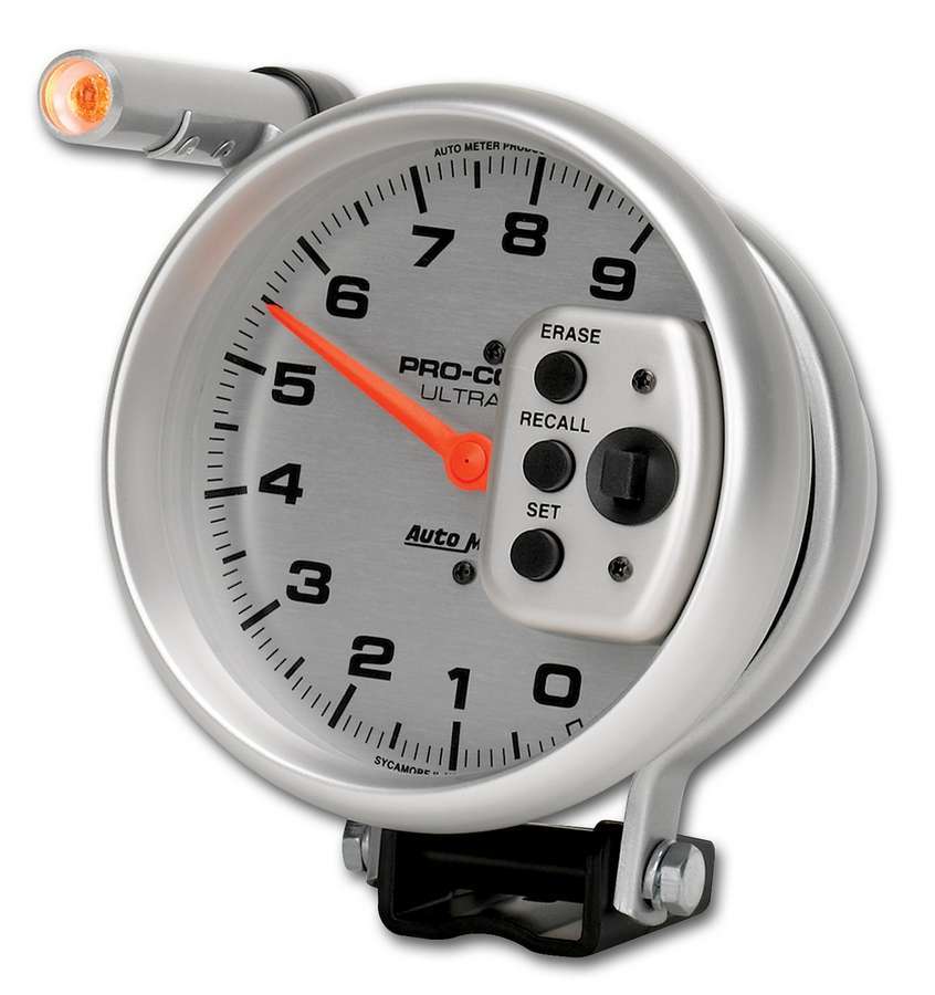 AutoMeter Tachometer - Ultra-Lite - 9000 RPM - Electric - Analog - 5 in Diameter - Pedestal Mount - Shift Light - Memory - Silver Face - Each