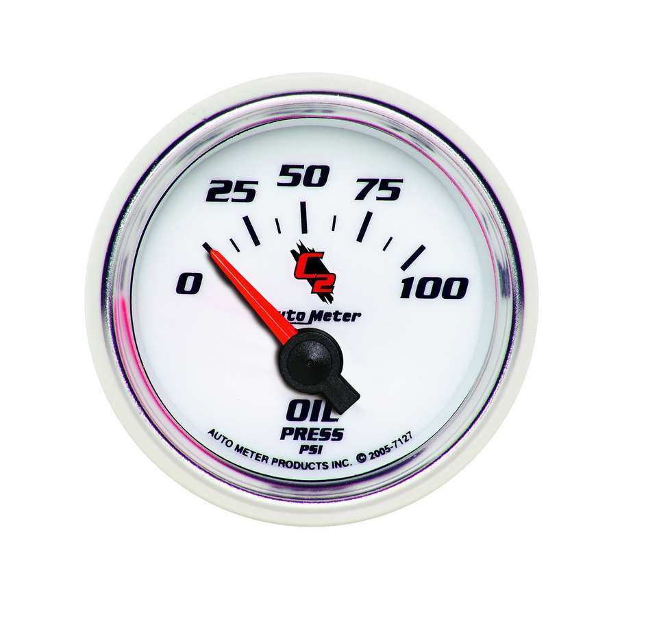 AutoMeter Oil Pressure Gauge - C2 - 0-100 psi - Electric - Analog - Short Sweep - 2-1/16 in Diameter - White Face - Each