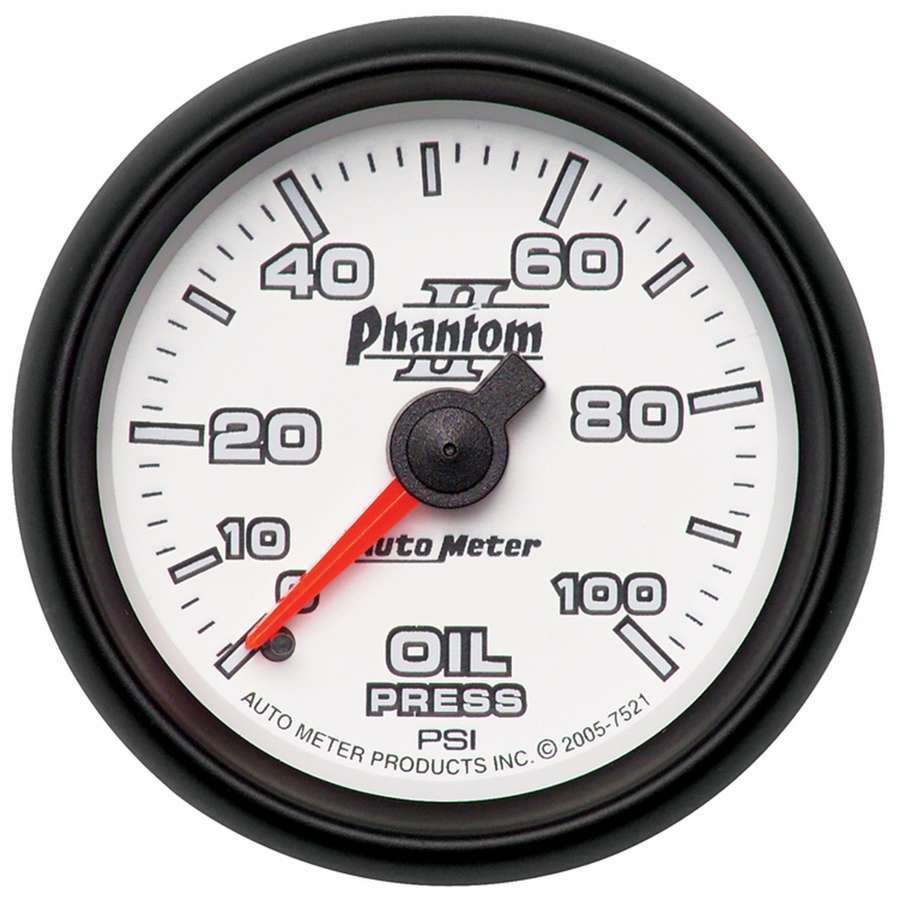 AutoMeter Oil Pressure Gauge - Phantom II - 0-100 psi - Mechanical - Analog - 2-1/16 in Diameter - White Face - Each