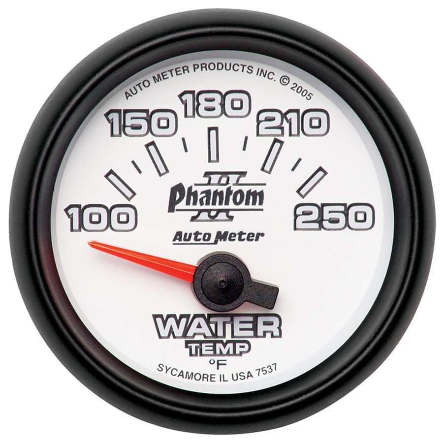 AutoMeter Water Temperature Gauge - Phantom II - 100-250 Degree F - Electric - Analog - Short Sweep - 2-1/16 in Diameter - White Face - Each