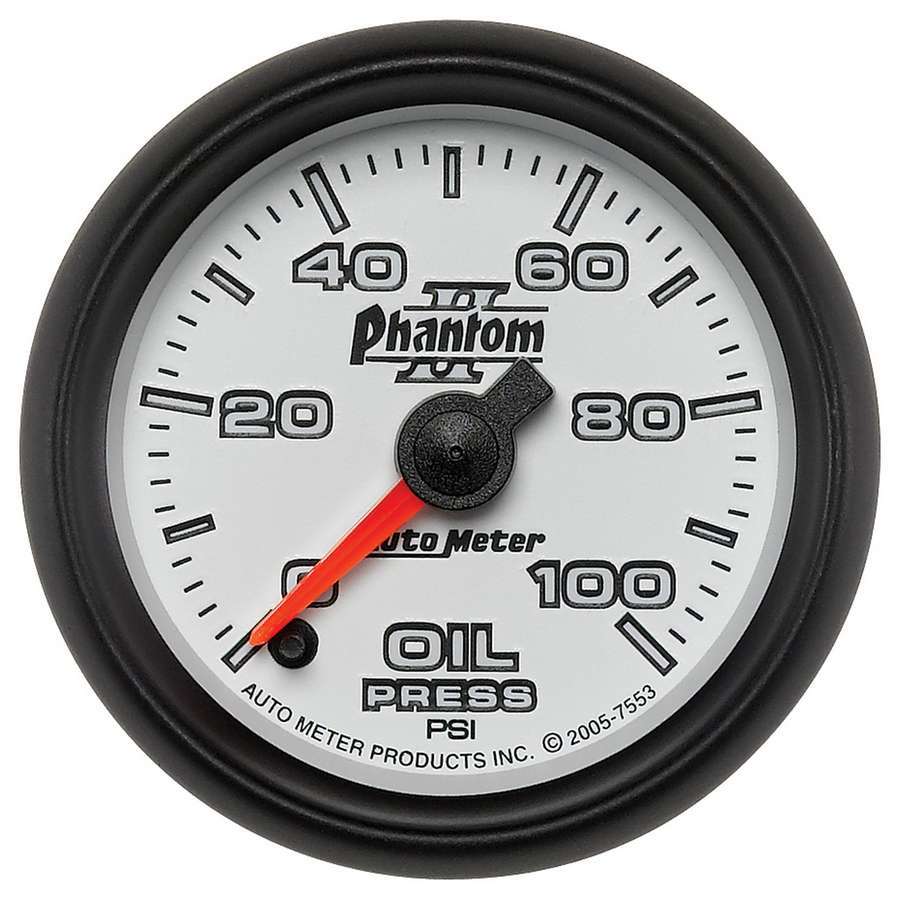 AutoMeter Oil Pressure Gauge - Phantom II - 0-100 psi - Electric - Analog - Full Sweep - 2-1/16 in Diameter - White Face - Each