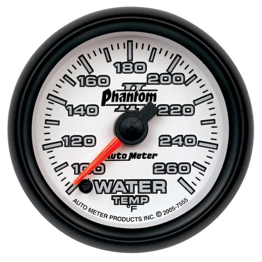 AutoMeter Water Temperature Gauge - Phantom II - 100-260 Degree F - Electric - Analog - Full Sweep - 2-1/16 in Diameter - White Face - Each