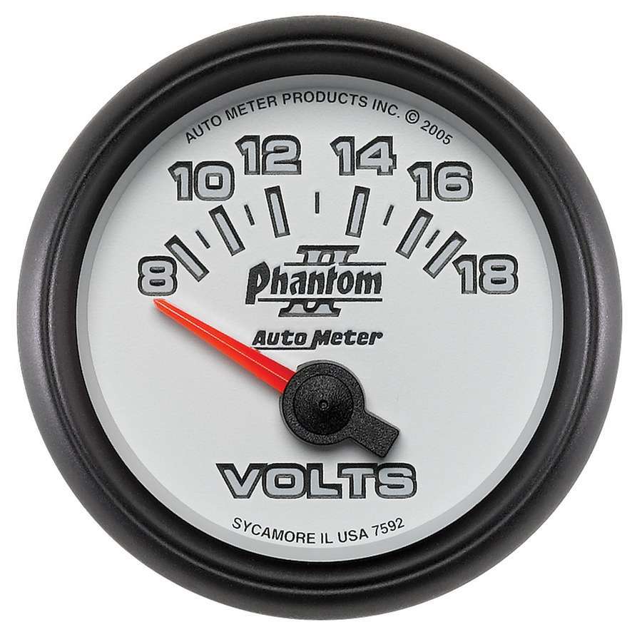 AutoMeter Voltmeter - Phantom II - 8-18V - Electric - Analog - Short Sweep - 2-1/16 in Diameter - White Face - Each
