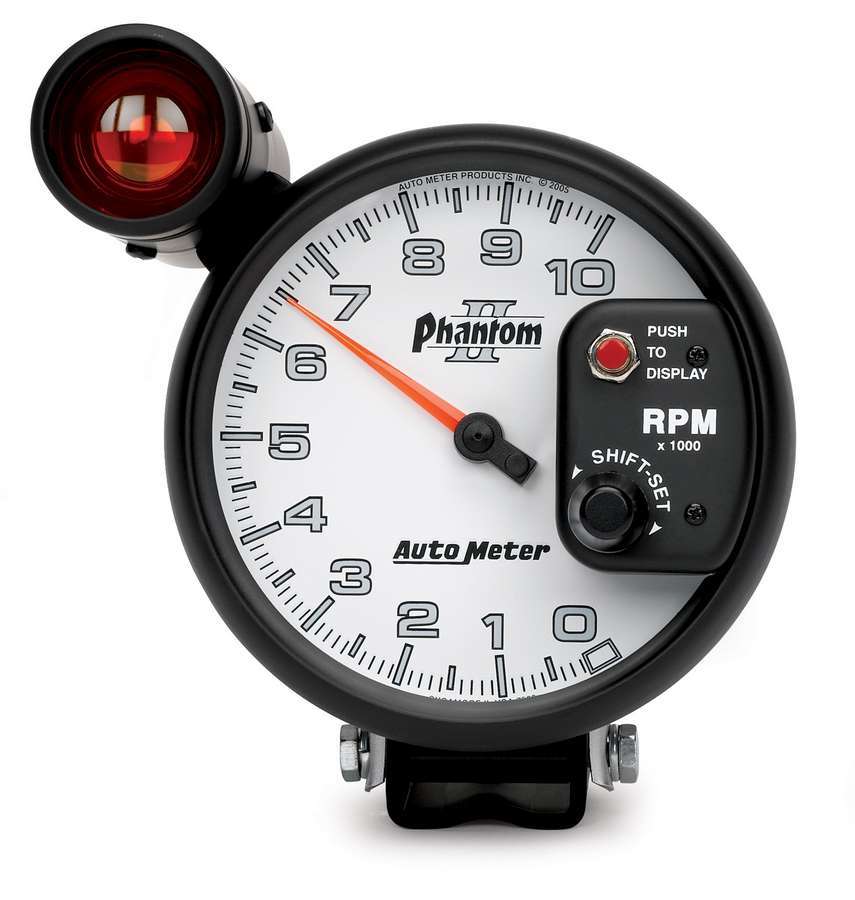AutoMeter Tachometer - Phantom II - 10000 RPM - Electric - Analog - 5 in Diameter - Pedestal Mount - Shift Light - White Face - Each
