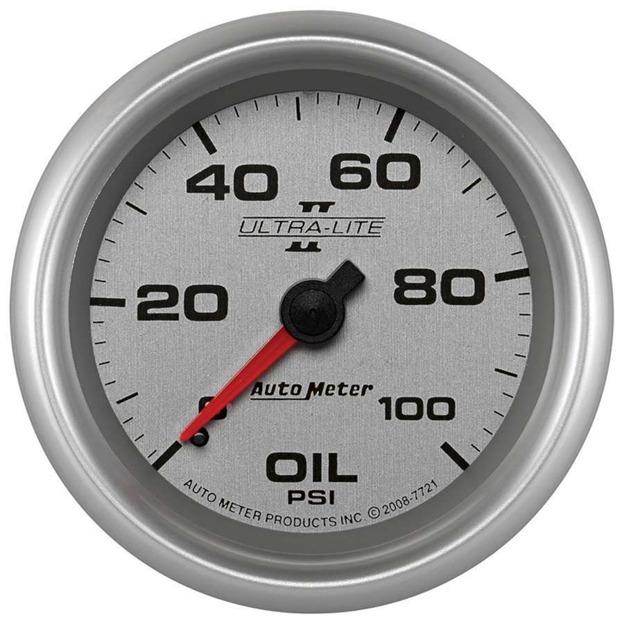 AutoMeter Oil Pressure Gauge - Ultra Lite II - 0-100 psi - Mechanical - Analog - Full Sweep - 2-5/8 in Diameter - Silver Face - Each