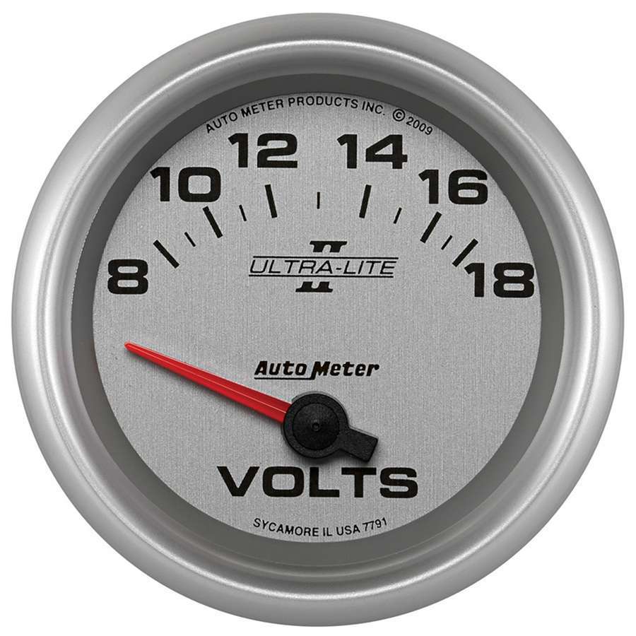 AutoMeter Voltmeter - Ultra-Lite II - 8-18V - Electric - Analog - Short Sweep - 2-5/8 in Diameter - Silver Face - Each