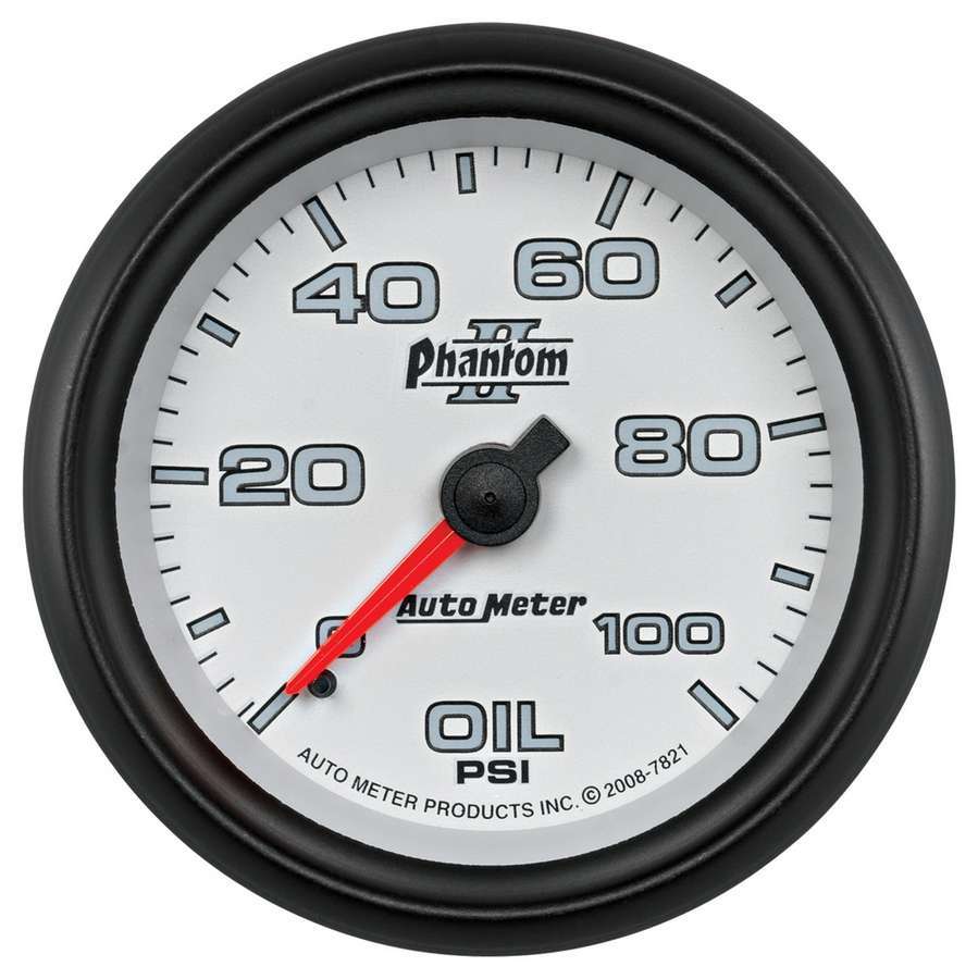 AutoMeter Oil Pressure Gauge - Phantom II - 0-100 psi - Mechanical - Analog - Full Sweep - 2-5/8 in Diameter - White Face - Each