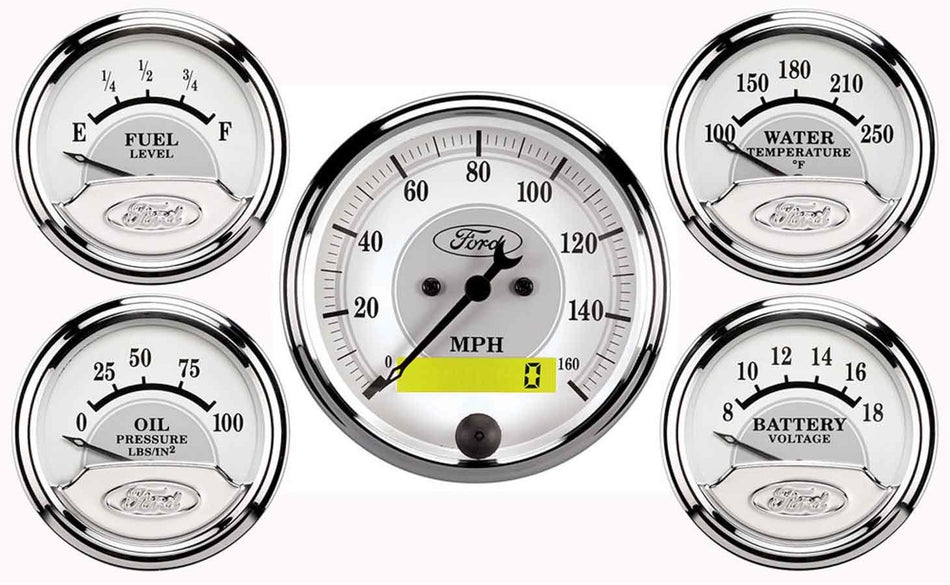 AutoMeter Gauge Kit - Ford Masterpiece - Analog - Fuel Level / Oil Pressure / Speedometer / Voltmeter / Water Temperature - Ford Logo - 3-1/8 in / 2-1/16 in Diameter - White / Gray Face - Kit