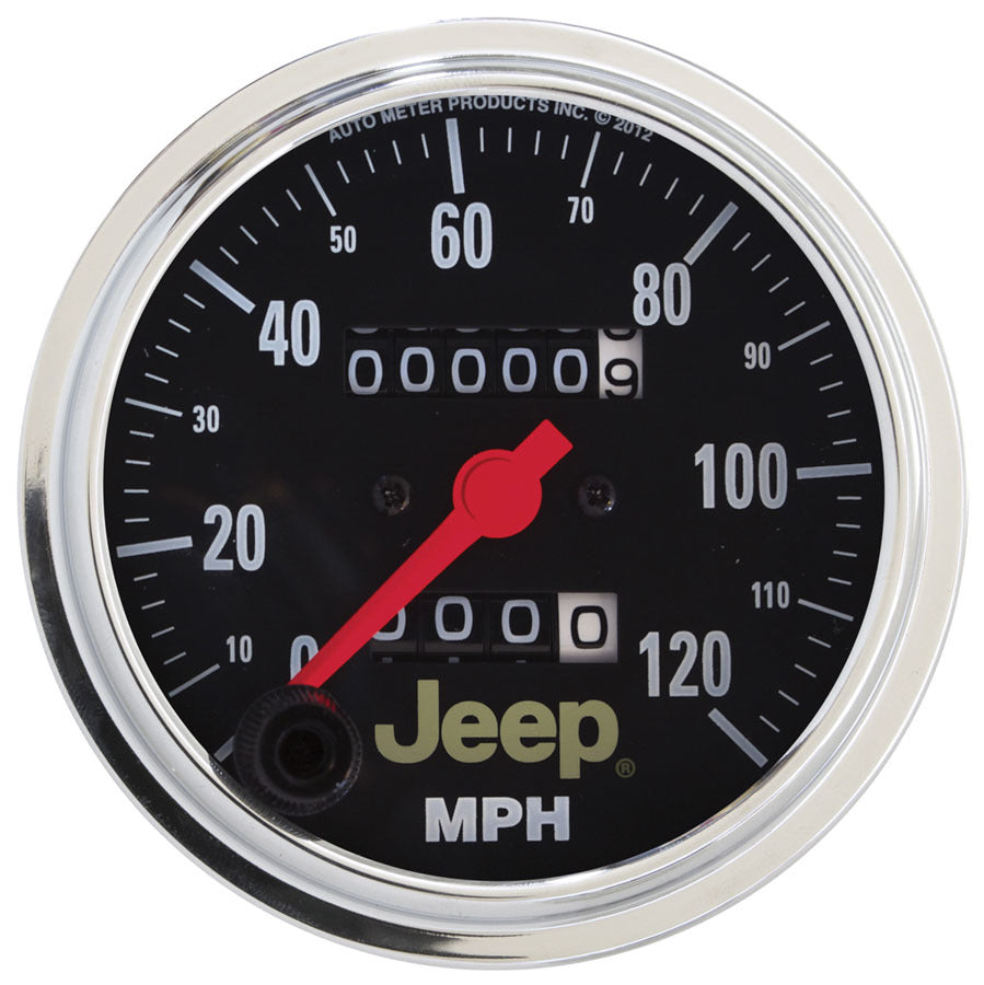 AutoMeter Speedometer - Jeep - 120 MPH - Mechanical - Analog - 3-3/8 in Diameter - Programmable - Jeep Logo - Black Face - Each