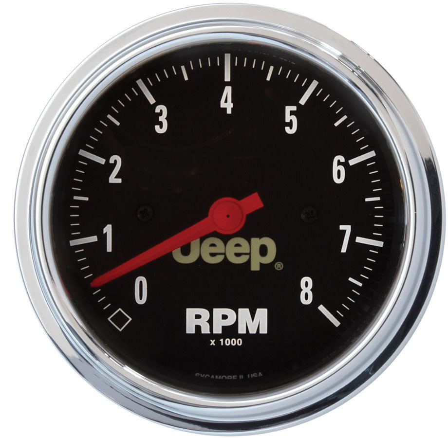 AutoMeter Tachometer - Jeep - 8000 RPM - Electric - Analog - 3-3/8 in Diameter - Jeep Logo - Dash Mount - Black Face - Each