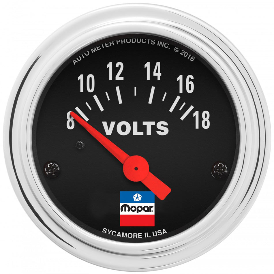 AutoMeter Voltmeter - Mopar Classic - 8-18V - Electric - Analog - Short Sweep - 2-1/16 in Diameter - Black Face - Each