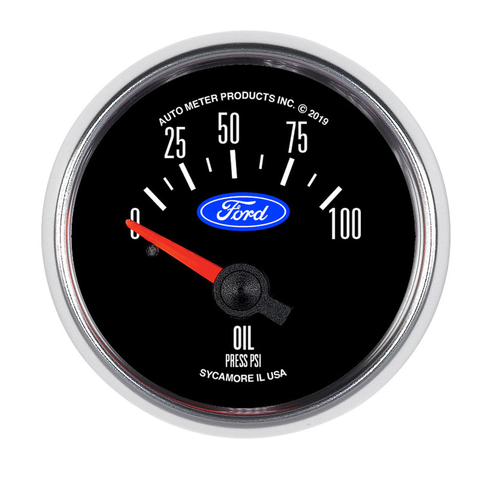 AutoMeter Oil Pressure Gauge - Ford - 0-100 psi - Mechanical - Analog - Short Sweep - 2-1/16 in Diameter - 1/8 in NPT Port - Ford Logo - Black Face - Each