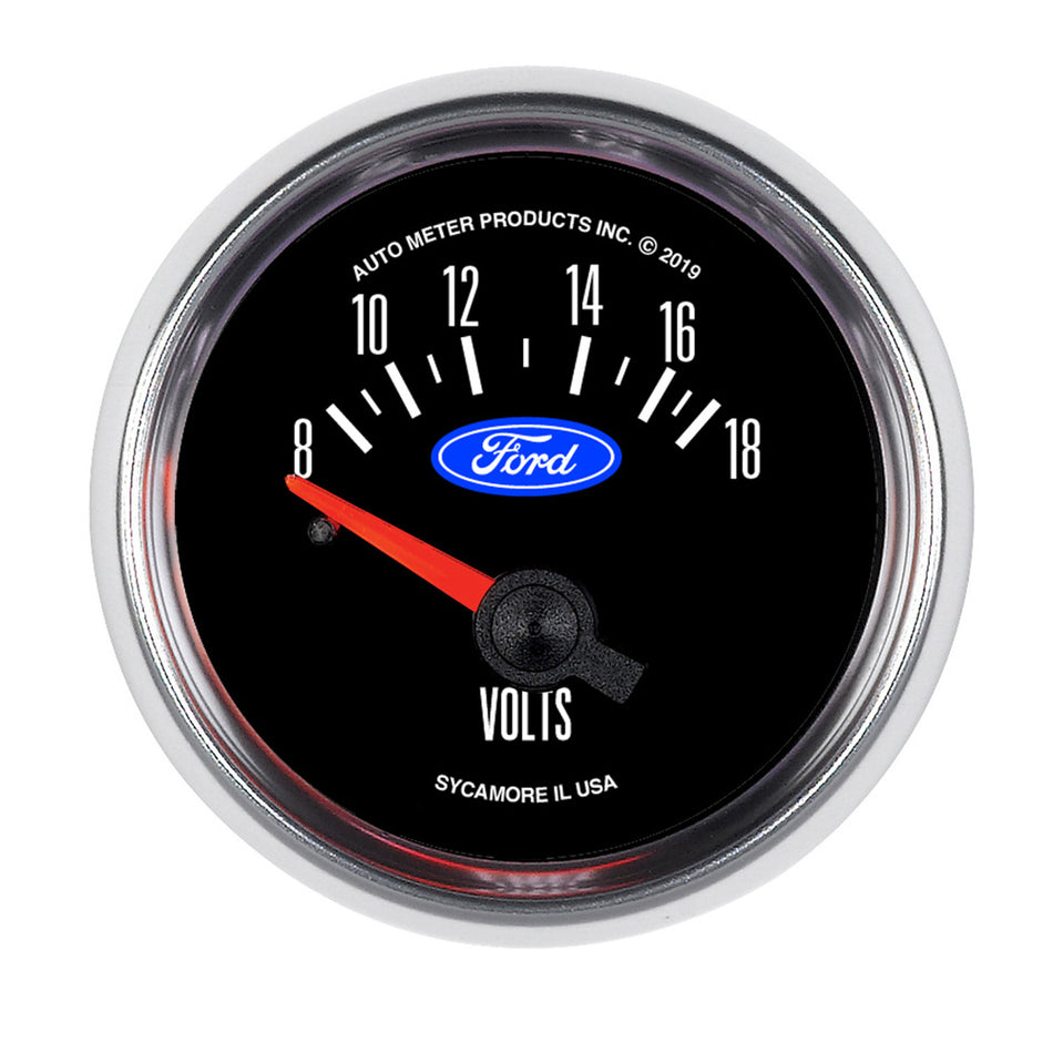 AutoMeter Voltmeter - Ford - 8-18V - Electric - Analog - Short Sweep - 2-1/16 in Diameter - Ford Logo - Black Face - Each