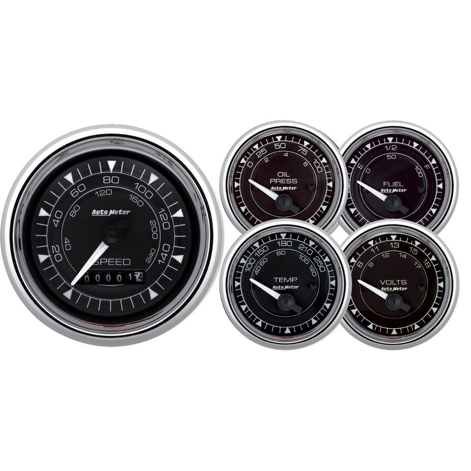 AutoMeter Gauge Kit - Chrono Series - Analog - Fuel Level / Oil Pressure / Speedometer / Voltmeter / Water Temperature - Chrome Bezel - Black Face - Kit