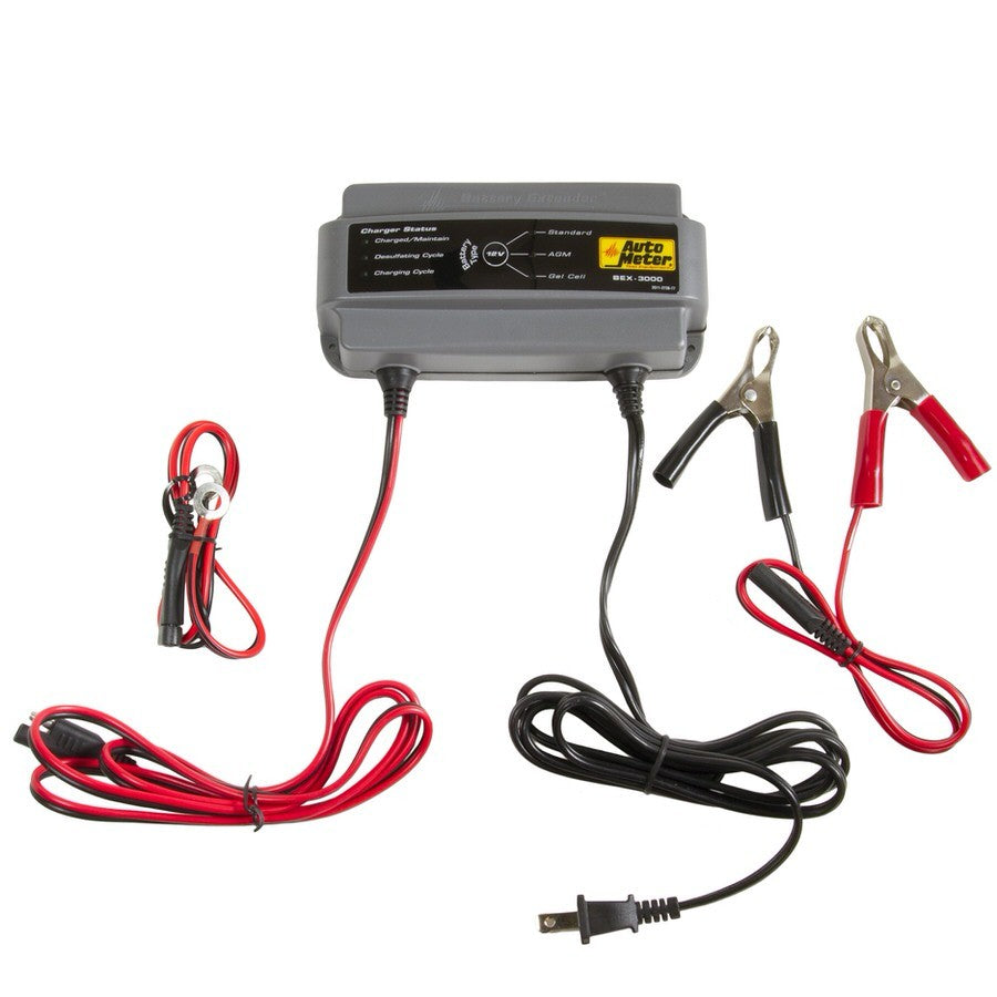AutoMeter Battery Charger - Battery Extender - AGM - 12V - 3 amps - Indicator Lights - 3 Step Charging Program - Each