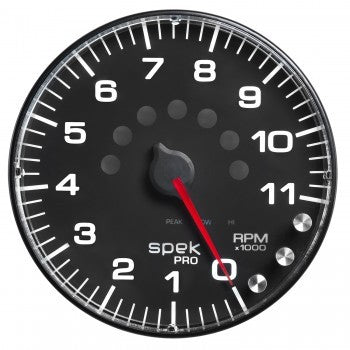 AutoMeter Tachometer - Spek Pro - 11000 RPM - Electric - Analog - 5 in Diameter - Dash Mount - Shift Light - Peak Recall - Black Face - Each