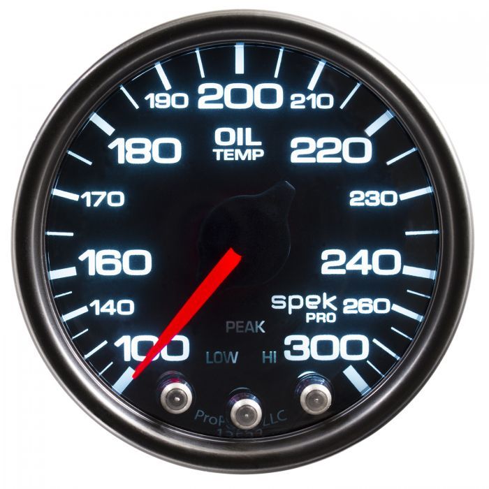 AutoMeter Oil Temperature Gauge - Spek Pro - 100-300 Degree F - Electric - Analog - Full Sweep - 2-1/16 in Diameter - Black Face - Each