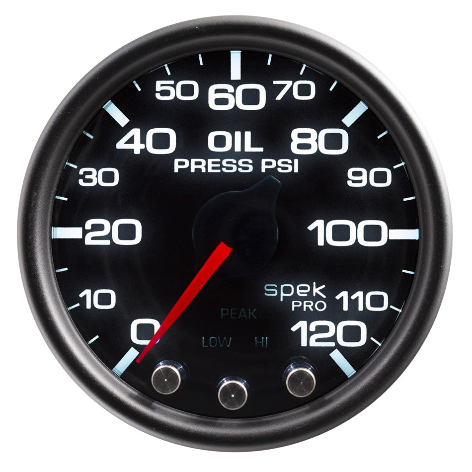 AutoMeter Oil Pressure Gauge - Spek-Pro - Stepper Motor - 0-120 psi - Electric - Analog - Full Sweep - 2-1/16 in Diameter - Black Face - Each