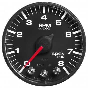 AutoMeter Tachometer - Spek Pro - 8000 RPM - Electric - Analog - 2-1/16 in Diameter - Dash Mount - Shift Light - Peak Recall - Black Face - Each