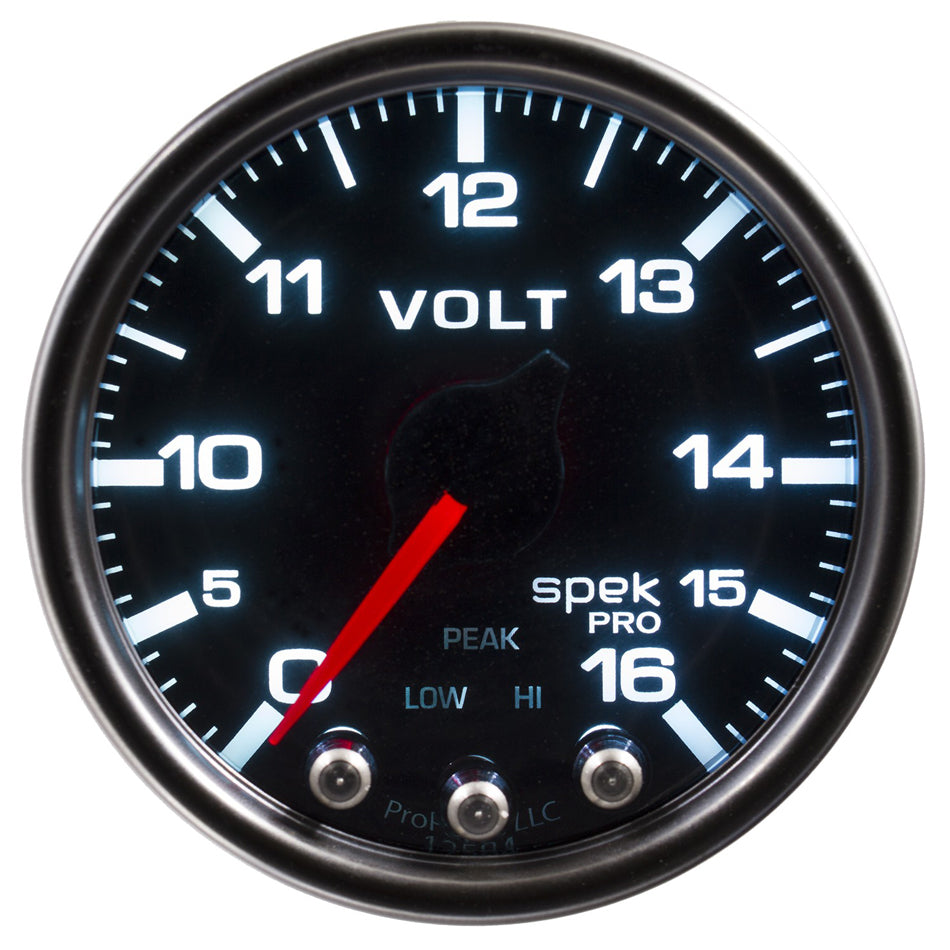 AutoMeter Voltmeter - Spek-Pro - Stepper Motor - 0-16V - Electric - Analog - Full Sweep - 2-1/16 in Diameter - Black Face - Each