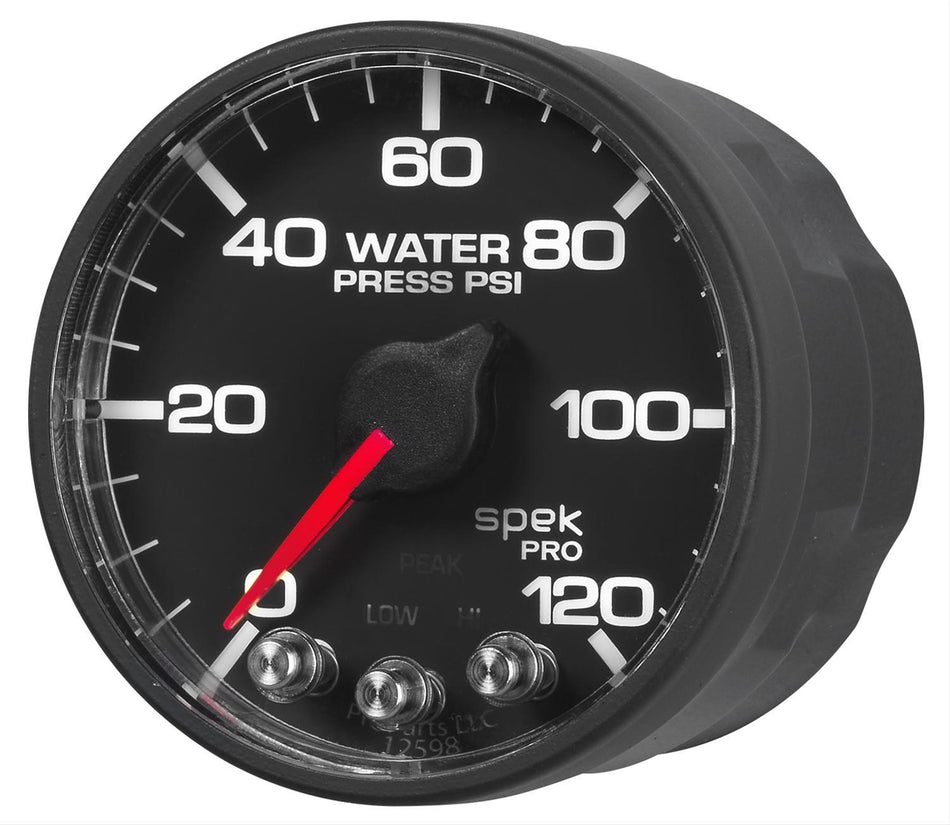 AutoMeter Water Pressure Gauge - Spek-Pro - Stepper Motor - 0-120 psi - Electric - Analog - Full Sweep - 2-1/16 in Diameter - Black Face - Each