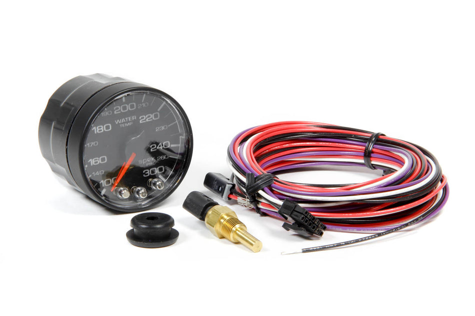 AutoMeter Water Temperature Gauge - Spek Pro - 100-300 Degree F - Electric - Analog - Full Sweep - 2-1/16 in Diameter - Black Face - Each