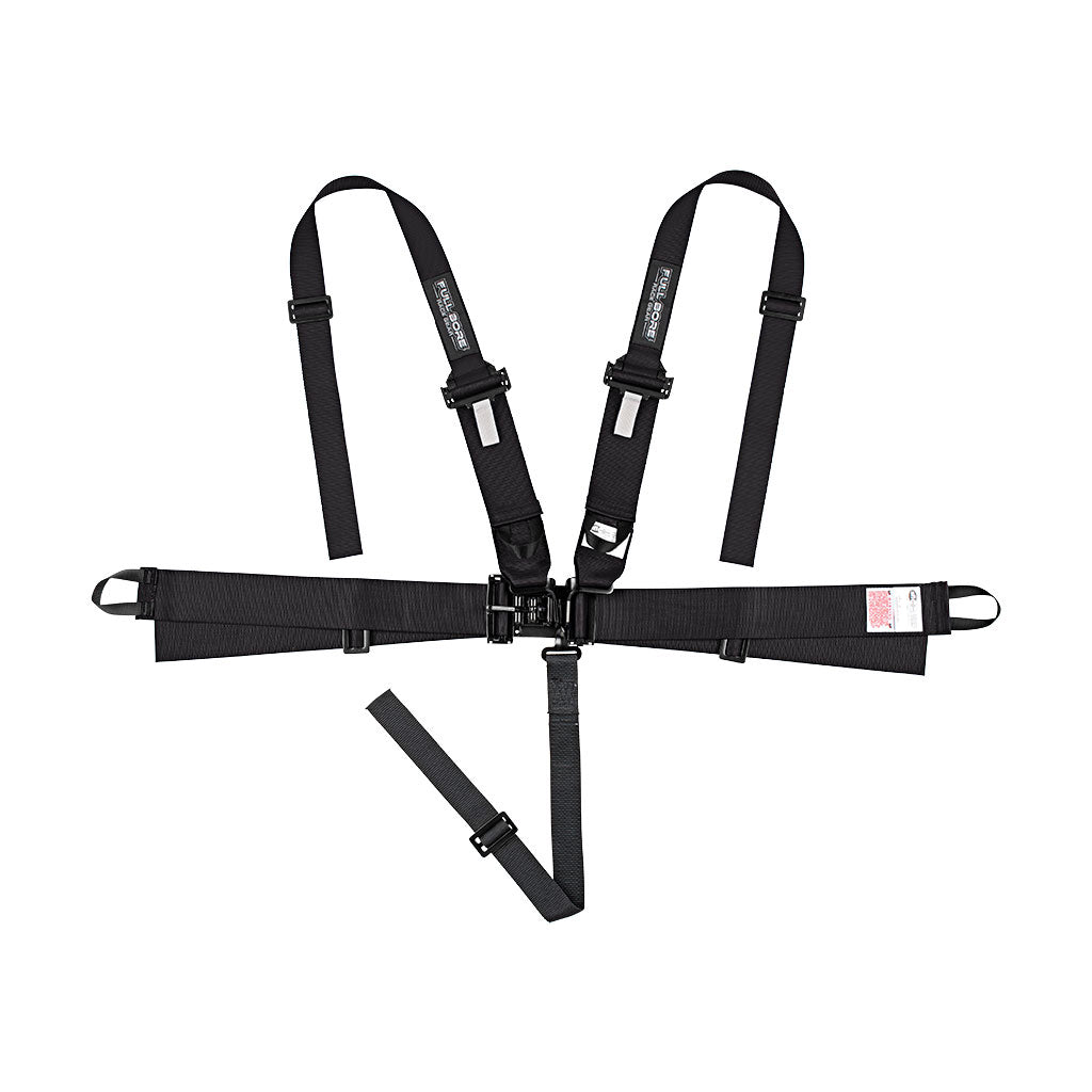 Black racing harness with multiple adjustable straps and quick-release buckle, labeled with Full Bore branding, designed for motorsport safety use