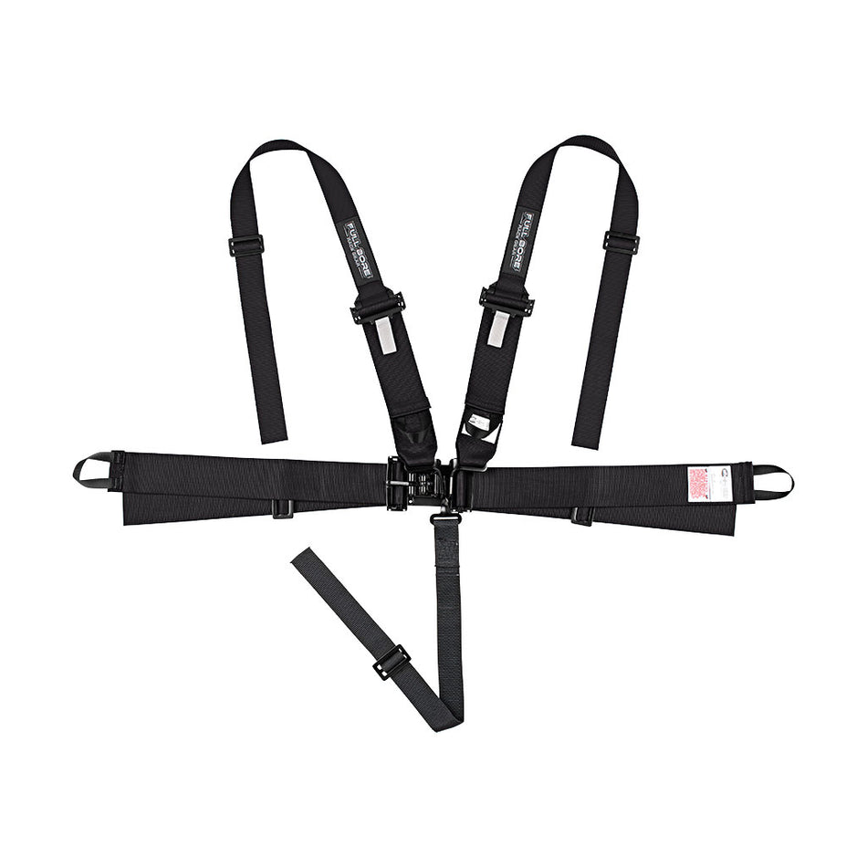 Black racing harness with multiple adjustable straps and quick-release buckle, labeled with Full Bore branding, designed for motorsport safety use