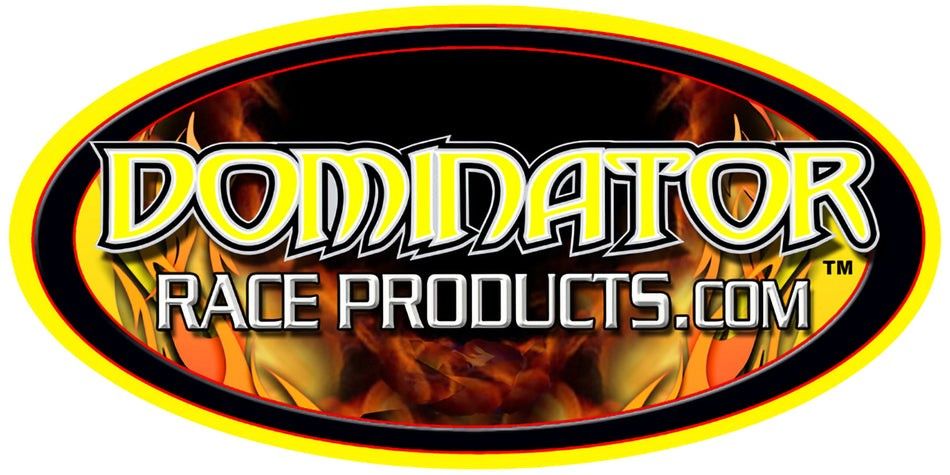 Dominator Race Products logo with bold yellow lettering and fiery background – performance parts for Devil Race Parts.”
