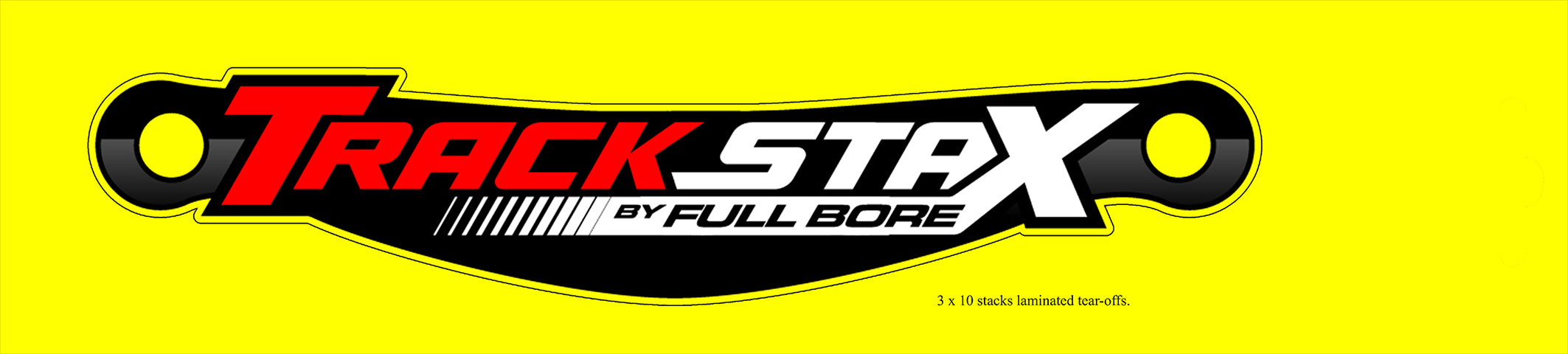 TrackStax by Full Bore tear-offs packaging with bold red and white racing logo on a yellow background – Devil Race Parts accessories.