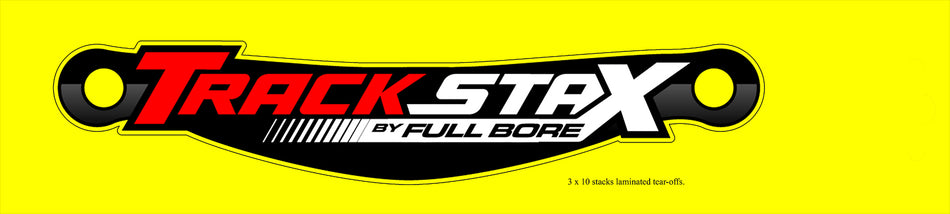 TrackStax by Full Bore tear-offs packaging with bold red and white racing logo on a yellow background – Devil Race Parts accessories.