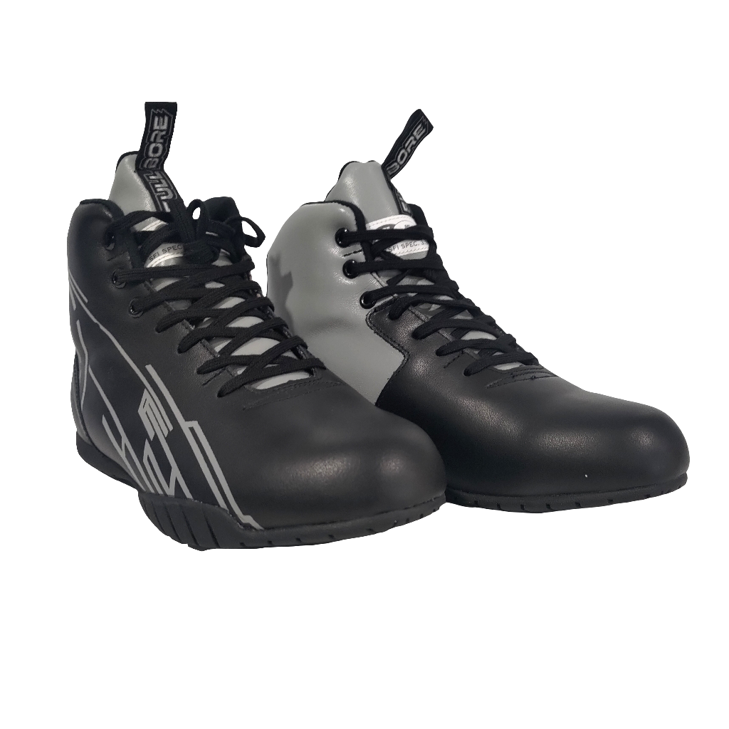 Black and grey racing shoes with lace-up design and modern graphics from Devil Race Parts.