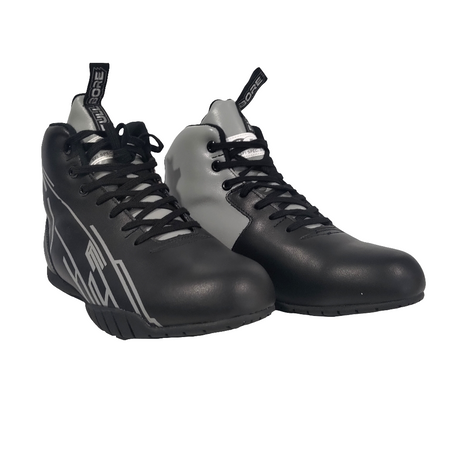 Black and grey racing shoes with lace-up design and modern graphics from Devil Race Parts.