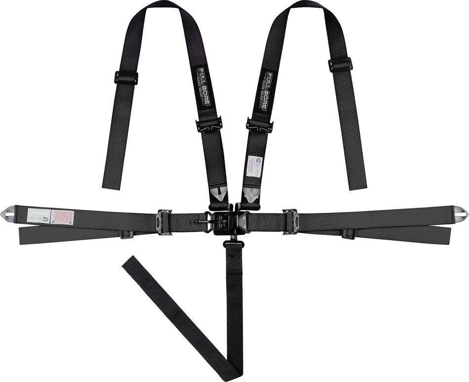 Black 5-point racing harness from Devil Race Parts featuring shoulder, lap, and crotch straps with quick-release buckle and adjustment hardware for secure fitment in performance or motorsport applications.