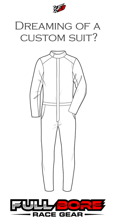 Custom racing suit sketch with ‘Dreaming of a custom suit?’ text and Full Bore Race Gear logo – Devil Race Parts