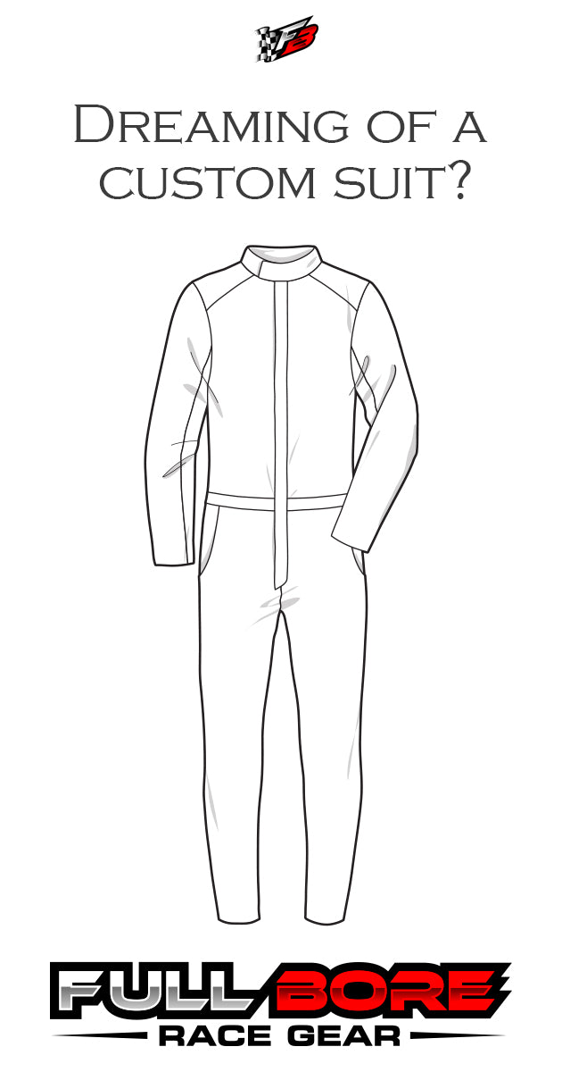 Custom racing suit sketch with ‘Dreaming of a custom suit?’ text and Full Bore Race Gear logo – Devil Race Parts