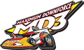 MD3 Maximum Downforce logo featuring a stylized race car with a checkered flag and bold red and yellow lettering, representing high-performance racing body parts from Devil Race Parts.